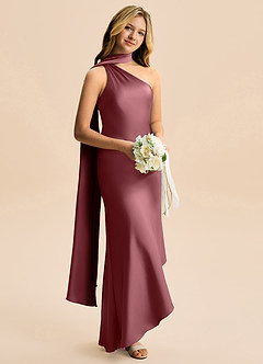 Azazie Briony Junior Vestido Rosa Do Deserto de Cetim elástico de Bainha com Plissado image4