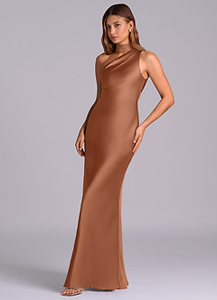 Azazie Seona Robes de demoiselle d'honneur Robe Sirène en Satin extensible Une épaule Bronze image6