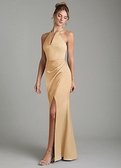 Azazie Aidyn Robes de demoiselle d'honneur Robe Fourreau en Satin extensible Plissé Or image4