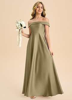 Azazie Sissy Junior Abito A-Line in Raso Elasticizzato a Spalla Scoperta Verde Muschio image3