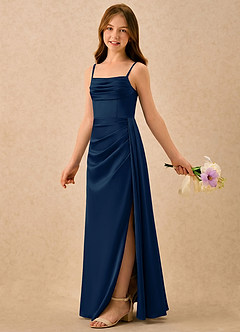 Azazie Shyla Girls Formal Sukienki dla dziewczynek sypiących kwiaty Osłona Pofałdowany Satyna elastyczna Długość podłogi Sukienka image1