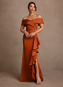 Azazie Kirsty Mother of the Bride Dresses Burnt Orange Sheath Off the Shoulder Stretch Satin Dress image1
