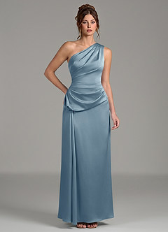 Azazie Zahira Bridesmaid Dresses Dusty Blue Sheath One Shoulder Stretch Satin Dress image1