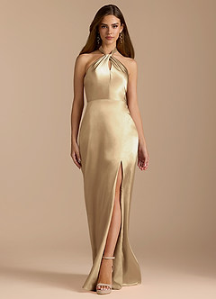 Azazie Tracie Bridesmaid Dresses Champagne A-Line Pleated Metallic Satin Dress image6