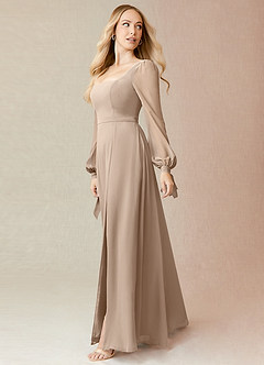 Azazie Leonia Bridesmaid Dresses Taupe A-Line Long Sleeve Chiffon Dress image4