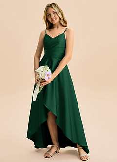 Azazie Eirlys Junior Dark Green A-Line Pleated Stretch Satin Dress image4