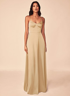 Azazie Mei Bridesmaid Dresses Gold A-Line V-Neck Stretch Satin Dress image1