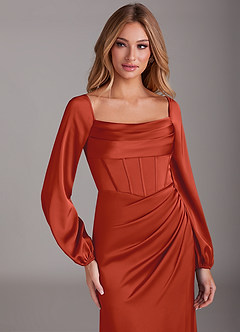 Azazie Charissa Bridesmaid Dresses Rust Sheath Long Sleeve Stretch Satin Dress image7