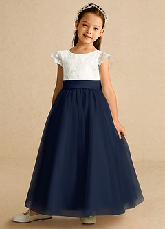 Azazie Pookie Flower Girl Dresses Dark Navy A-Line Lace Tulle Dress image1