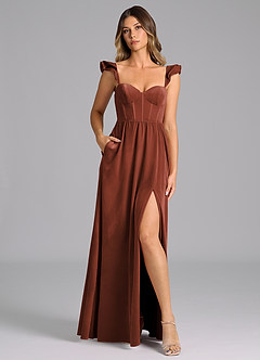Azazie Denisse Bridesmaid Dresses Terracotta A-Line Ruched Velvet Dress image3