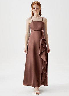 Azazie Kaylee Junior Espresso A-Line with Belt Metallic Satin Dress image4
