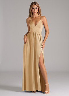 Azazie Aaida Bridesmaid Dresses Gold A-Line Corset Stretch Satin Dress image1