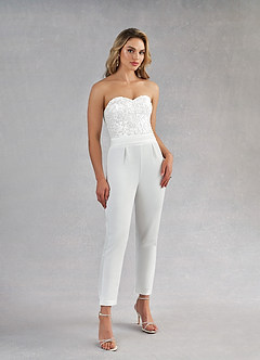 Azazie Tiffany At-home Try On Dresses Diamond White Pant Styles Lace Stretch Crepe Dress image3