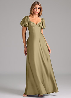 Azazie Fatima Vestidos de damas de honor Vestido de Musgo Verde de Satén Elástico de Corte en A con Plisado image1
