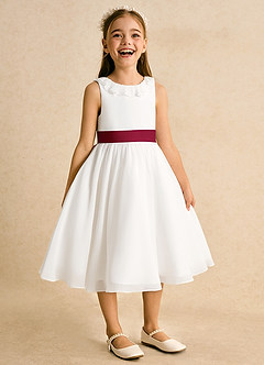 Azazie Dani Flower Girl Dresses Ivory Burgundy A-Line Bow Chiffon Dress image6