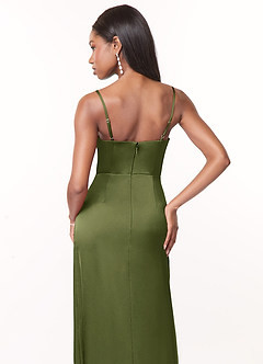 Azazie Maci Brautjungfernkleider A-Linie V-Hals Gefaltet Stretch-Satin Kleid Olivgrün image4
