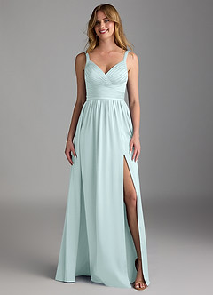 Azazie Chanel Final Sale Sea Glass A-Line Pleated Stretch Satin Dress image5