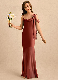 Azazie Kai Girls Formal Robe Demoiselle D'honneur Fillette Robe Fourreau en Satin extensible Plissée Terracotta image3