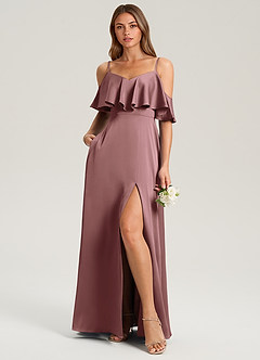 Azazie Jean Bridesmaid Dresses Vintage Mauve A-Line Off the Shoulder Stretch Satin Dress image3