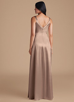 Azazie Hope Bridesmaid Dresses Taupe A-Line with Pockets Metallic Satin Dress image4