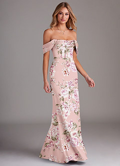 Azazie Saige Bridesmaid Dresses Rosy Floral Bloom Sheath Off the Shoulder Stretch Satin Dress image6