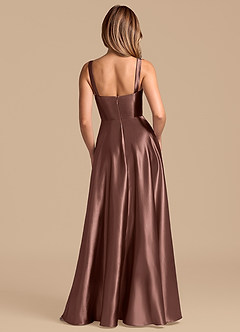Azazie Shaude Bridesmaid Dresses Espresso A-Line Pleated Metallic Satin Dress image6
