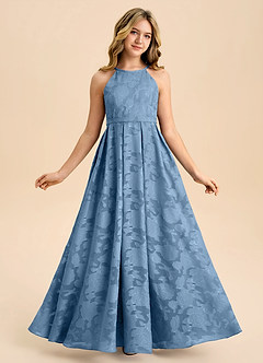 Azazie Arianthe Junior Steel Blue A-Line Pleated Floral Burnout Dress image5