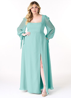 Azazie Leonia Bridesmaid Dresses Aqua A-Line Long Sleeve Chiffon Dress image11
