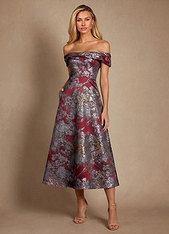 Azazie Maricela Mère de la mariée Robes Robe Trapèze en Jacquard Épaule décolletée Merlot Floral image3