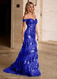 Jenna Azul Vestido de sirena con volantes y purpurina para baile de graduación image9