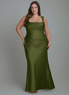Azazie Agustina Vestidos de damas de honor Vestido Oliva Brillante de Satén Elástico de Corte Sirena con Corsé image7