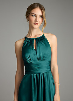 Azazie Bonnie Bridesmaid Dresses Peacock A-Line Pleated Stretch Satin Dress image2