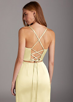 Azazie Brookelle Bridesmaid Dresses Lemon Sorbet Sheath Sweetheart Corset Stretch Satin Dress image6
