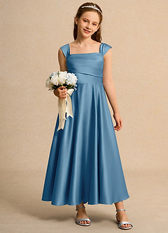 Azazie Bundle Girls Formal Flower Girl Dresses Steel Blue A-Line Pleated Matte Satin Dress image3