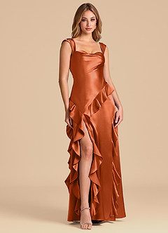 Azazie Sloane Brautjungfernkleider A-Linie Herzausschnitt Metallischer Satin Kleid Gebranntes Orange image1