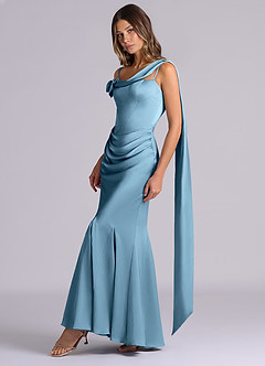 Azazie Inara Brautjungfernkleider Meerjungfrau-Linie Plissee Stretch-Satin Kleid Stahlblau image4