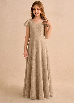 Azazie Narin Girls Formal Flower Girl Dresses Champagne A-Line with Sleeves Floral Burnout Dress image3