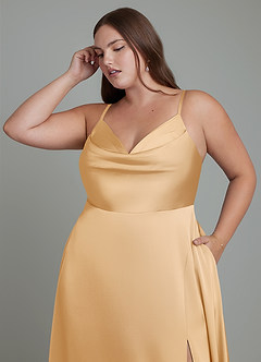 Azazie Sarella Bridesmaid Dresses Gold A-Line Pleated Stretch Satin Dress image9