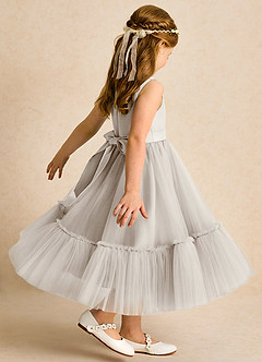 Azazie Miracle Blumenmädchenkleider A-Linie Schleifen Matte Satin Kleid Frost image5