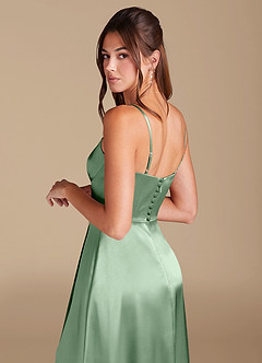Azazie Halsey Robes de demoiselle d'honneur Robe Trapèze en Satiné métallisé Fente Latérale Matcha image2