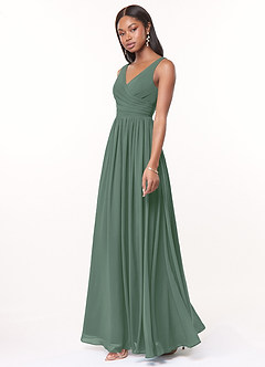 Azazie Keyla At-home Try On Dresses Eucalyptus A-Line V-Neck Pleated Chiffon Dress image3