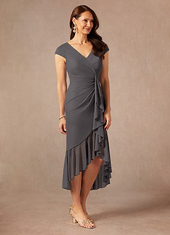 Azazie Renetta Mother of the Bride Dresses Steel Grey Sheath V-Neck Pleated Mesh Dress image5