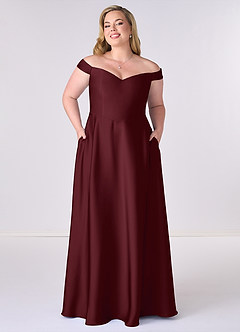 Barbie ♥ Azazie Robes de demoiselle d'honneur Robe Trapèze Convertible en Satin extensible Épaule décolletée Cabernet image6