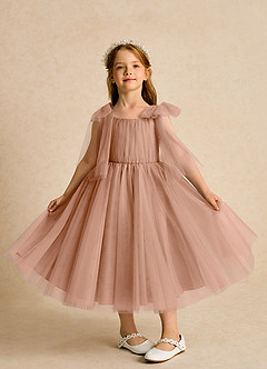Azazie Dori Flower Girl Dresses Champagne Rose A-Line Ruched Tulle Dress image6