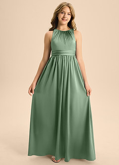 Azazie Jaylah Junior Abito A-Line in Raso Elasticizzato Plissettato Matcha image6