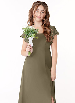 Azazie Bondi Junior Willow Green A-Line Bow Chiffon Dress image4