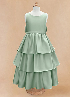 Azazie Margie Flower Girl Dresses Agave A-Line Bow Stretch Satin Dress image4