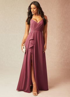 Azazie Kyedae Vestidos de damas de honor Vestido de Merlot de Gasa de Corte en A con Cuello de pico plisado image1