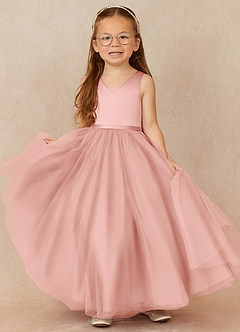 Azazie Marybell Blumenmädchenkleider A-Linie Schleifen Tüll Kleid Rosettenrosa image1
