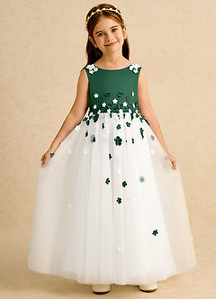 Azazie Eleni Blumenmädchenkleider Ballkleid Schleifen Tüll Kleid Elfenbein Dunkelgrün image4